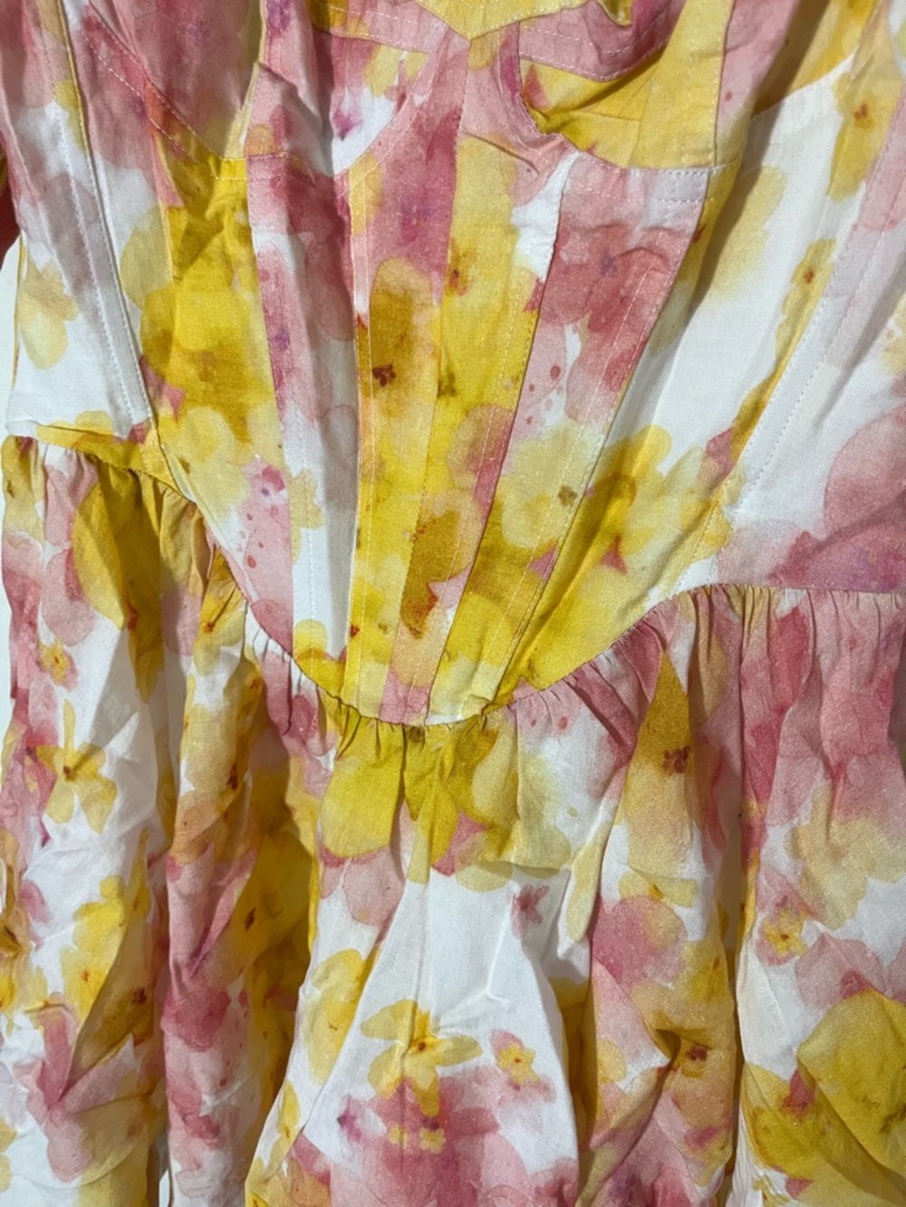 New BARDOT Kiah Floral Print Boned Corset Puff Sleeve Minidress In Pink Yellow L - Picture 14 of 16